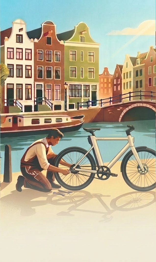 Amsterdam canal with mechanic fixing a bike
